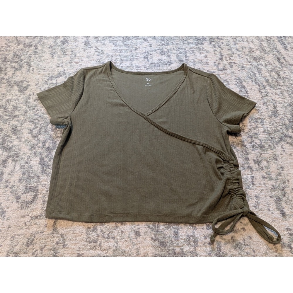 So Olive Green Surplice Wrap Ruched Tie Top Ribbed Cotton Shirt Women's Plus XXL